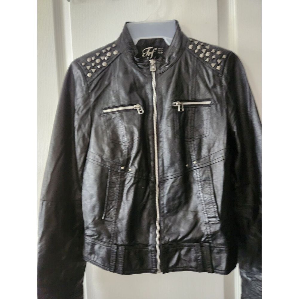 Zara Trf Women's Leather studded motorcycle jacket Black Full-Zip Size S - Picture 3 of 11